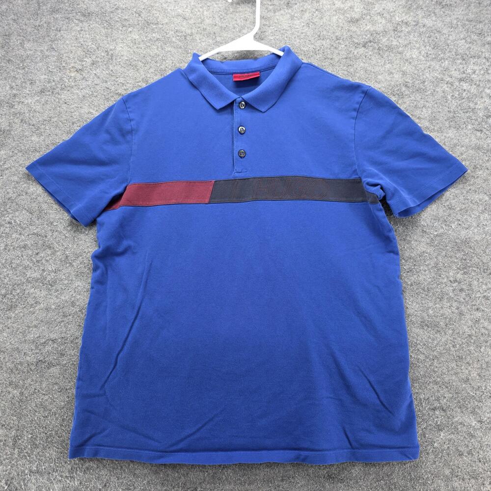HUGO BOSS HUGO Polo Shirt Mens Medium Blue Regular Fit Colorblock Logo Stripe
